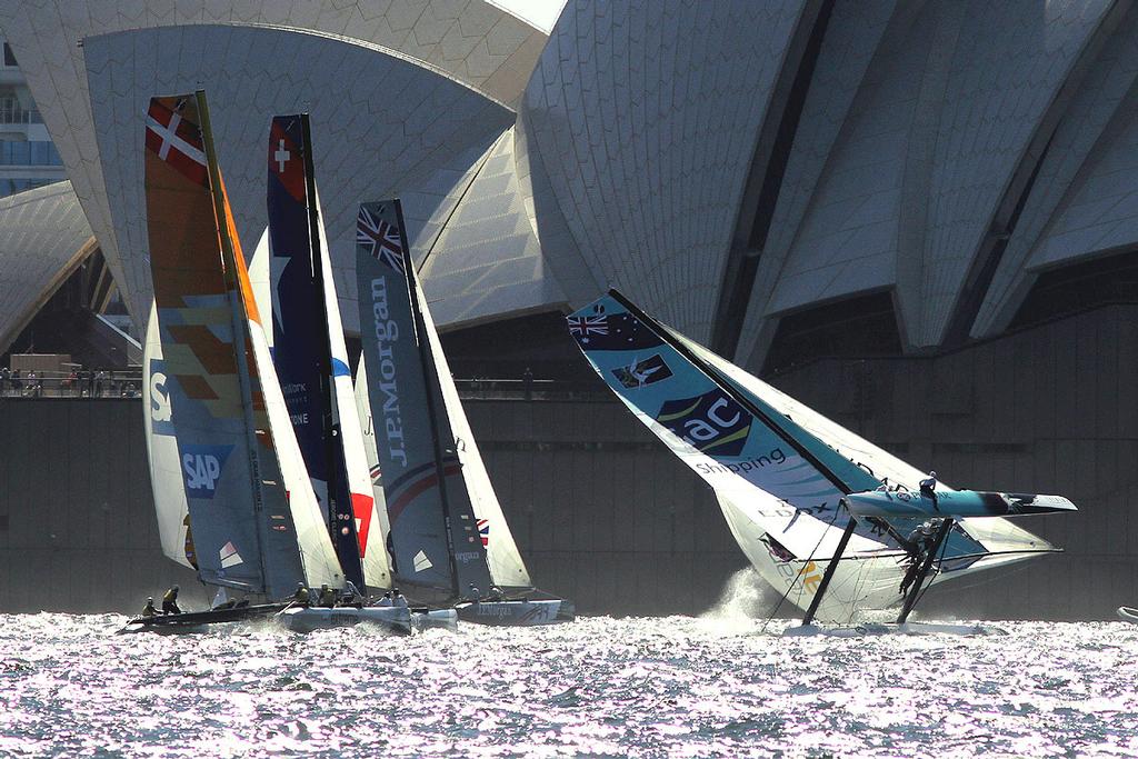 Gotta Love It 7's skipper Seve Jarvin sailed on Pindar in the Extreme Sailing Series - without much luck - Australian 18 Footers, League, Syd. Barnett Memorial Trophy,  Sunday, 14 December 2014, Sydney Harbour. © Australian 18 Footers League http://www.18footers.com.au